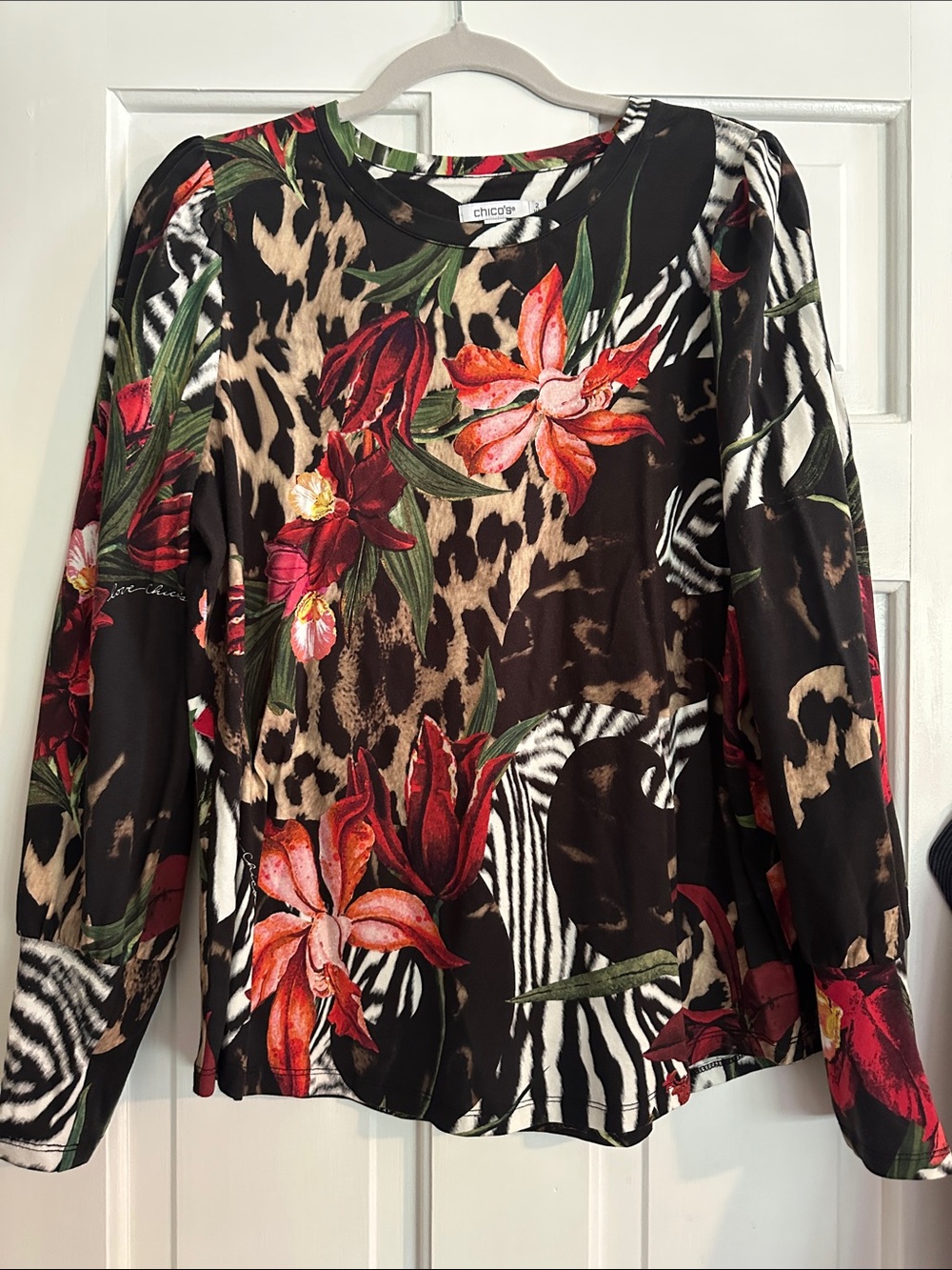 Chico's Black Top with Red Floral & Animal Prints